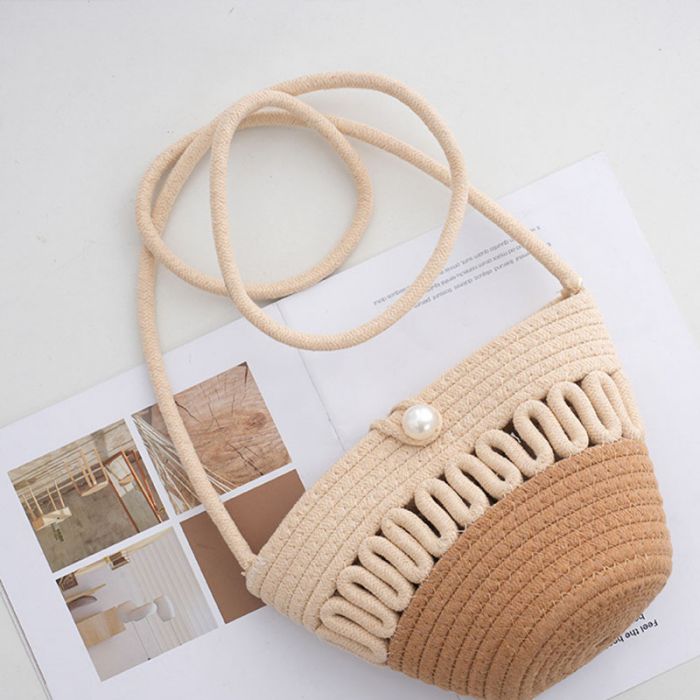 Fashion Contrasting Colors Pearl Button Woven Cotton Hollow Cross-body Bag,Shoulder bags