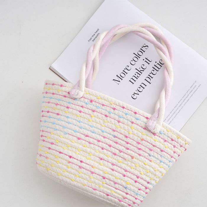 Fashion Color Dots Cotton Rope Contrast Woven Handbag,Handbags