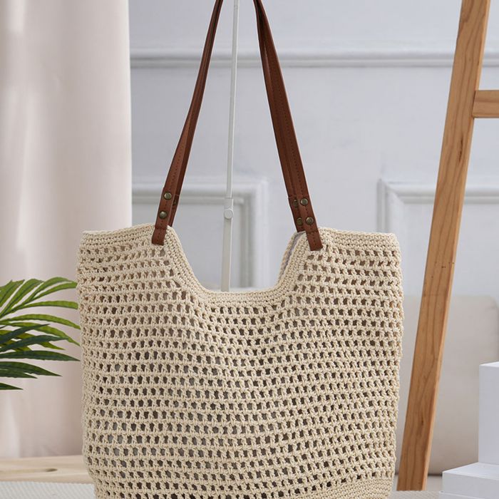 Fashion Khaki Cotton Hollow Woven Shoulder Bag,Messenger bags