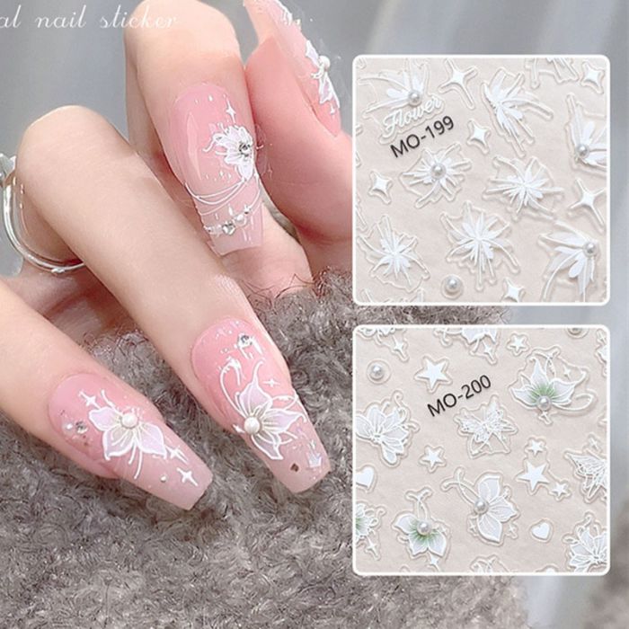 Fashion Pearl Exquisite Flower Embossed Sticker Mo-199 Pearl Flower Embossed Crystal Diamond Hand-painted Nail Sticker With Adhesive Backing,Nails