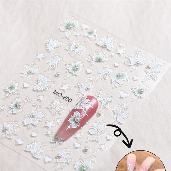 Fashion Pearl Exquisite Flower Embossed Sticker Mo-199 Pearl Flower Embossed Crystal Diamond Hand-painted Nail Sticker With Adhesive Backing,Nails