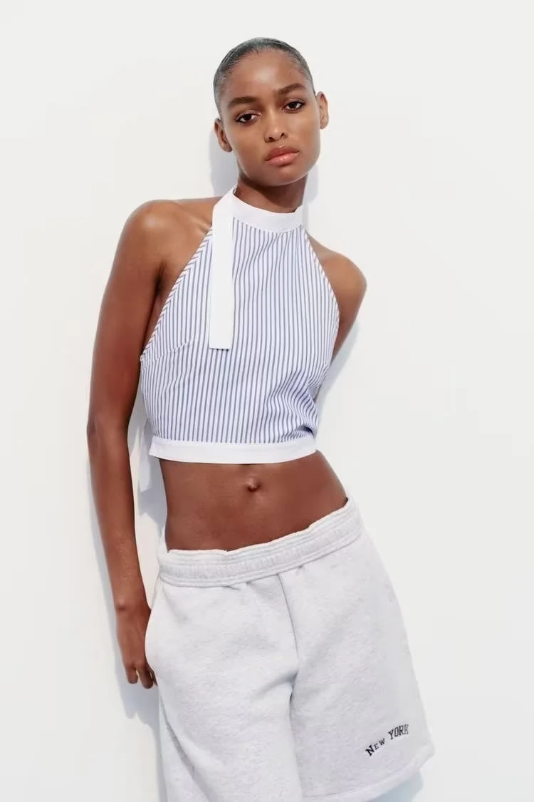 Fashion Blue And White Woven Striped Halterneck Top,Tank Tops & Camis