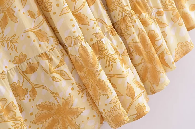 Fashion Yellow Woven Printed One-shoulder Knee-length Skirt,Knee Length