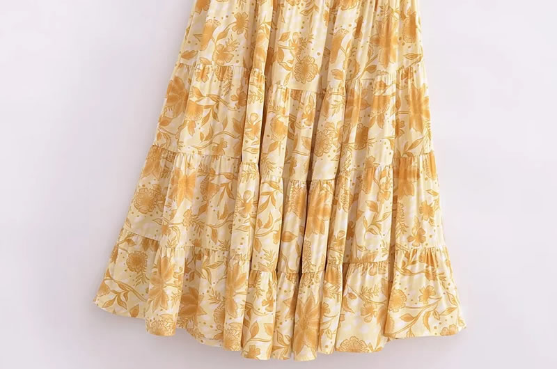 Fashion Yellow Woven Printed One-shoulder Knee-length Skirt,Knee Length
