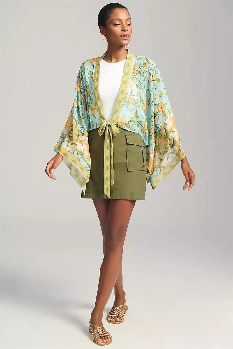 Fashion Color Polyester Printed Lace-up Jacket,Coat-Jacket