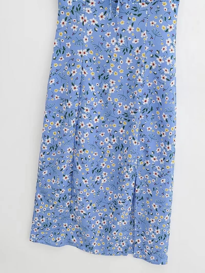 Fashion Blue Polyester Printed Suspender Long Skirt,Long Dress