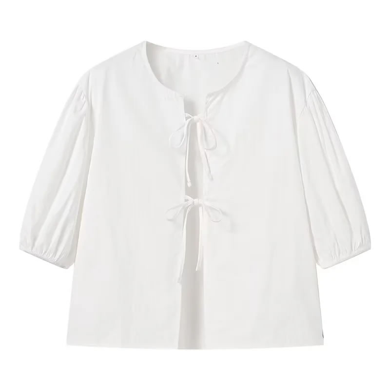 Fashion White Polyester Lace-up Shirt,Blouses