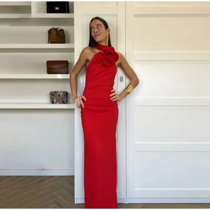 Fashion Red Floral Halterneck Maxi Dress,Long Dress