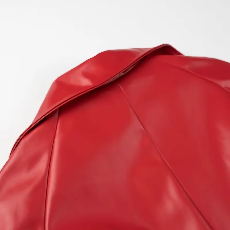 Fashion Red Pu Lapel Double-breasted Coat,Coat-Jacket