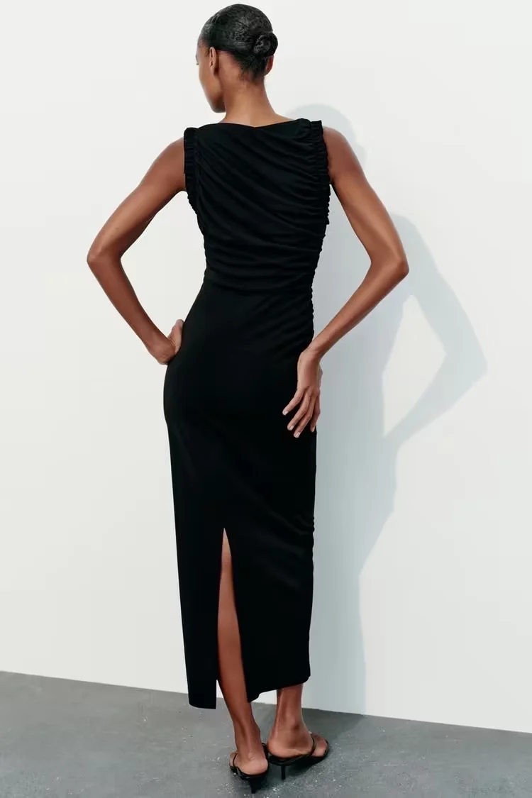 Fashion Black Polyester Pleated Long Skirt,Long Dress