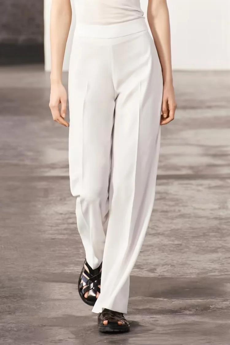 Fashion White Polyester Side Zip Straight Trousers,Pants
