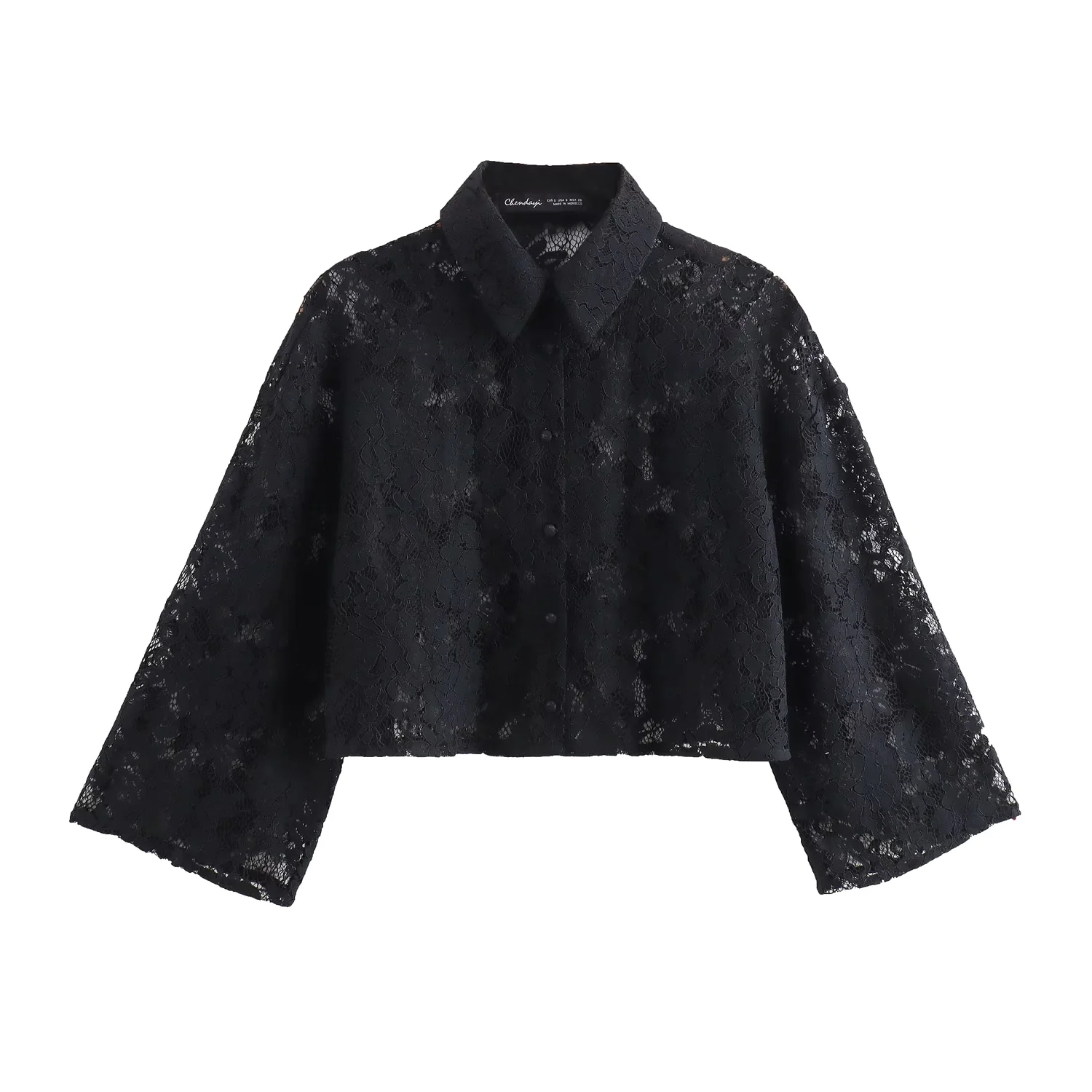 Fashion Black Lace Lapel Button-down Shirt,Blouses