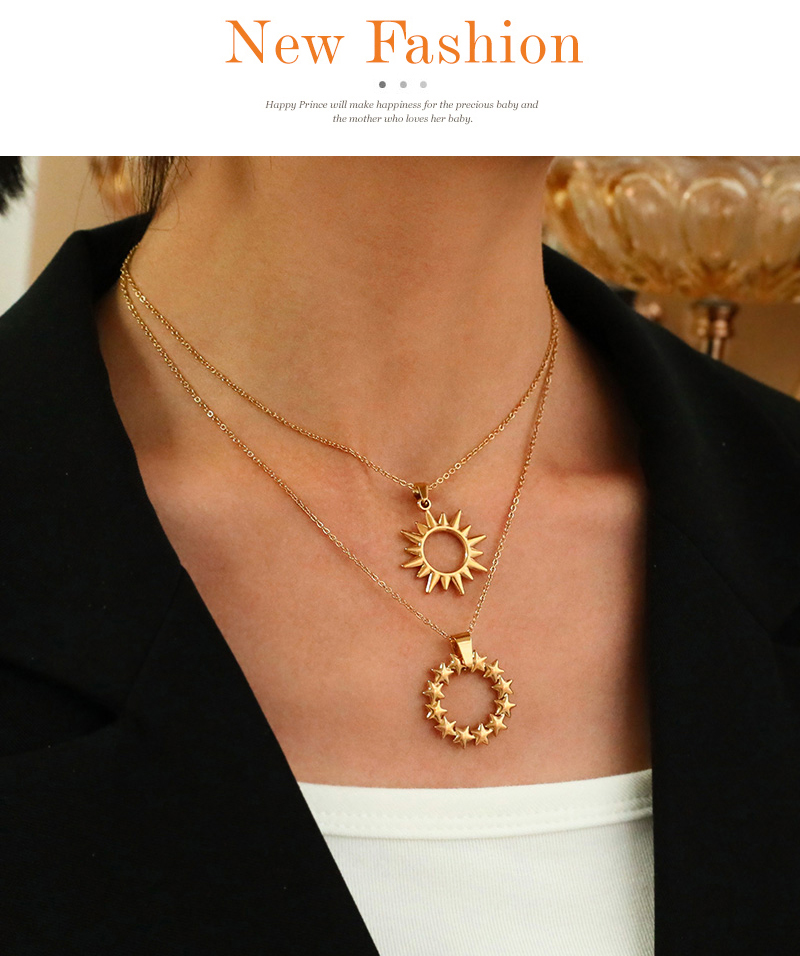 Fashion Golden 2 Titanium Steel Round Serrated Pendant Necklace,Necklaces