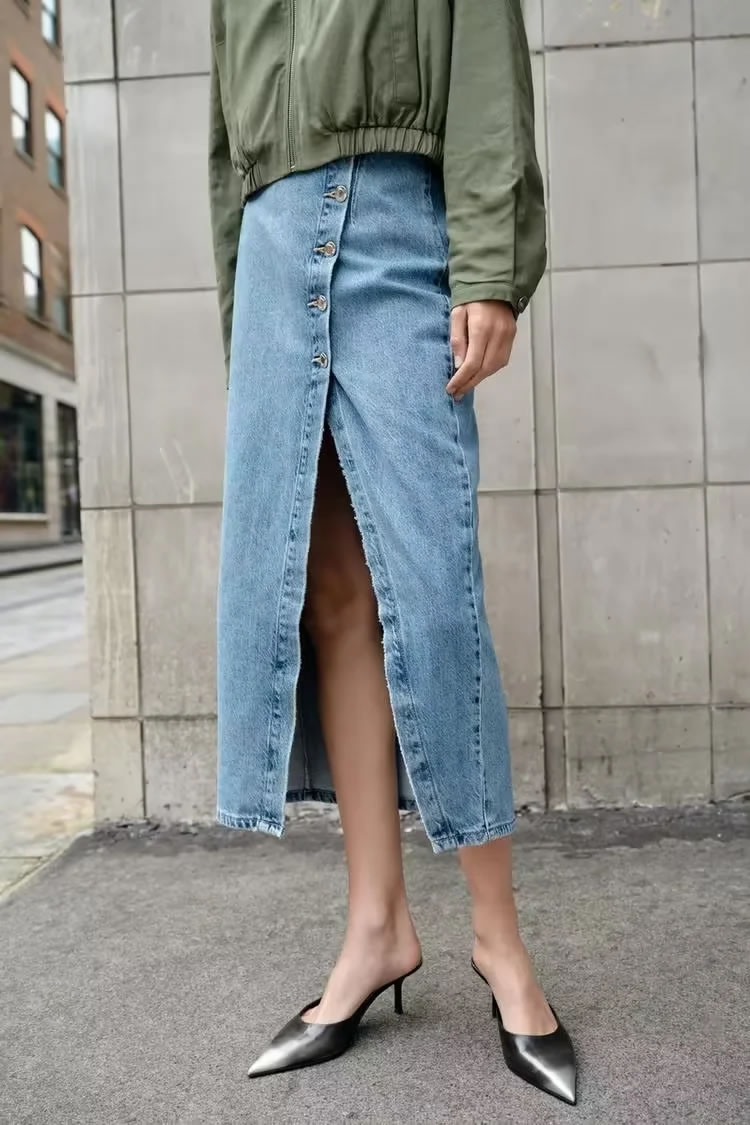 Fashion Blue Double-breasted Denim Skirt,Skirts