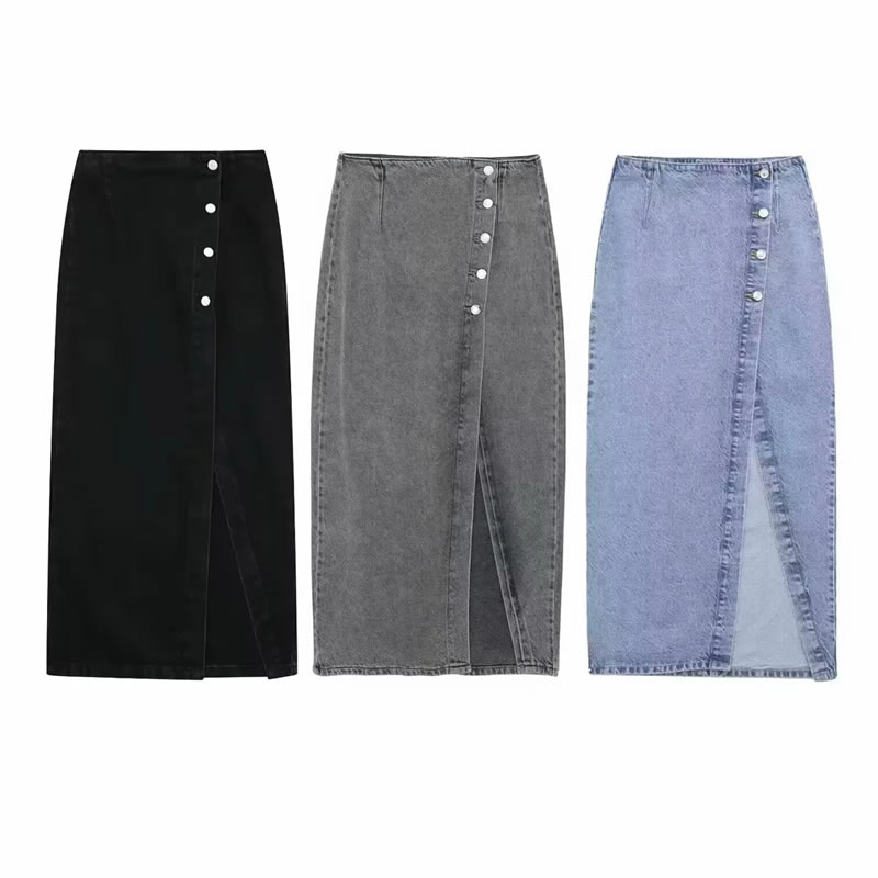 Fashion Blue Double-breasted Denim Skirt,Skirts