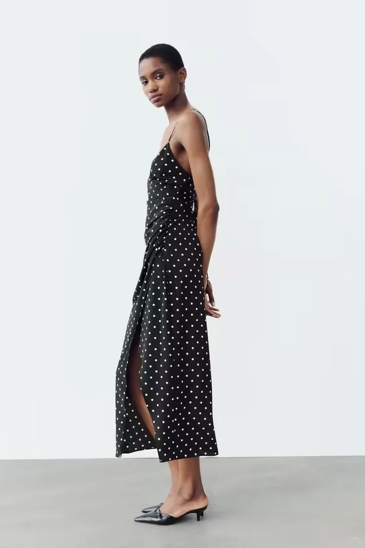 Fashion Black Polka Dot Print Suspender Long Skirt,Long Dress