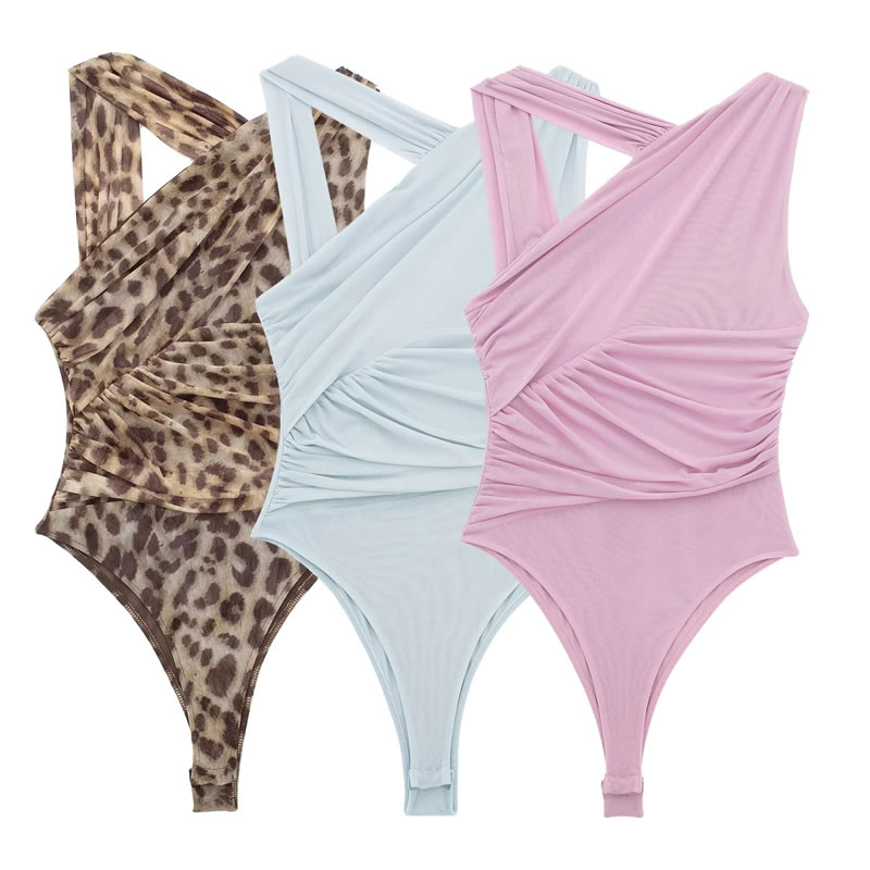 Fashion Leopard Print Tulle Asymmetric Pleated Bodysuit,Bodysuits