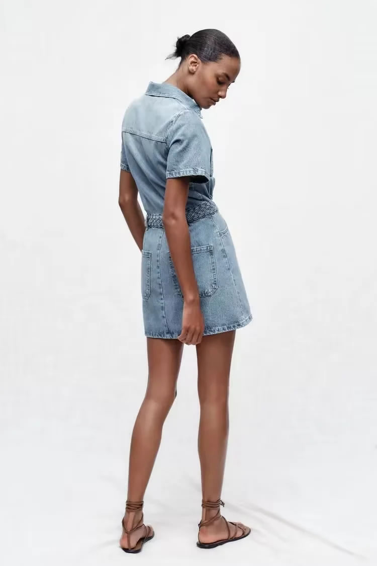 Fashion Blue Denim Lapel Buttoned Skirt,Denim