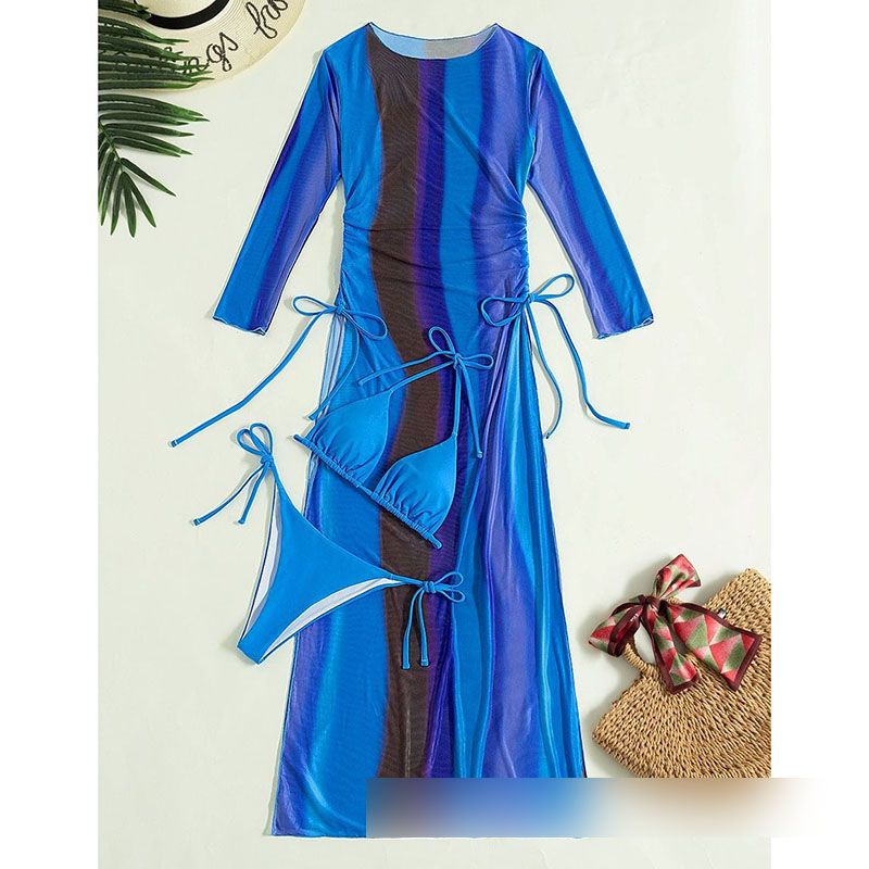 Fashion Blue Polyester Halterneck Lace-up Tankini Swimsuit Three-piece Bikini Cover-up,Bikini Sets
