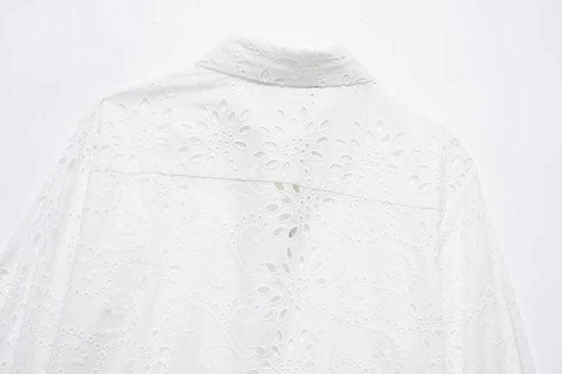 Fashion White Cotton Cutout Embroidered Lapel Shirt,Blouses