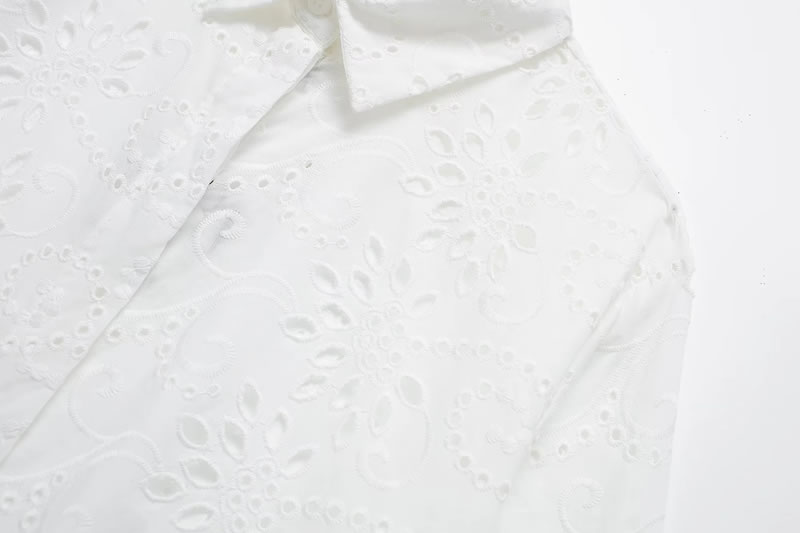 Fashion White Cotton Cutout Embroidered Lapel Shirt,Blouses