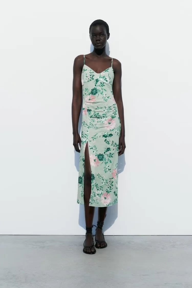 Fashion Color Blended Printed Slit Suspender Maxi Skirt,Long Dress