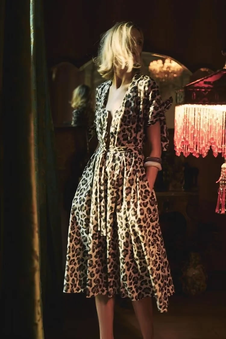Fashion Leopard Print Blended Printed Lapel Maxi Skirt,Long Dress