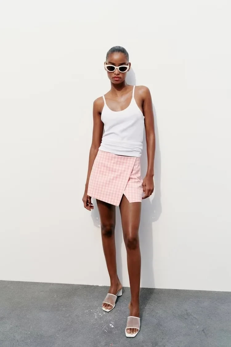 Fashion Color Blend Check Asymmetric Culottes,Shorts