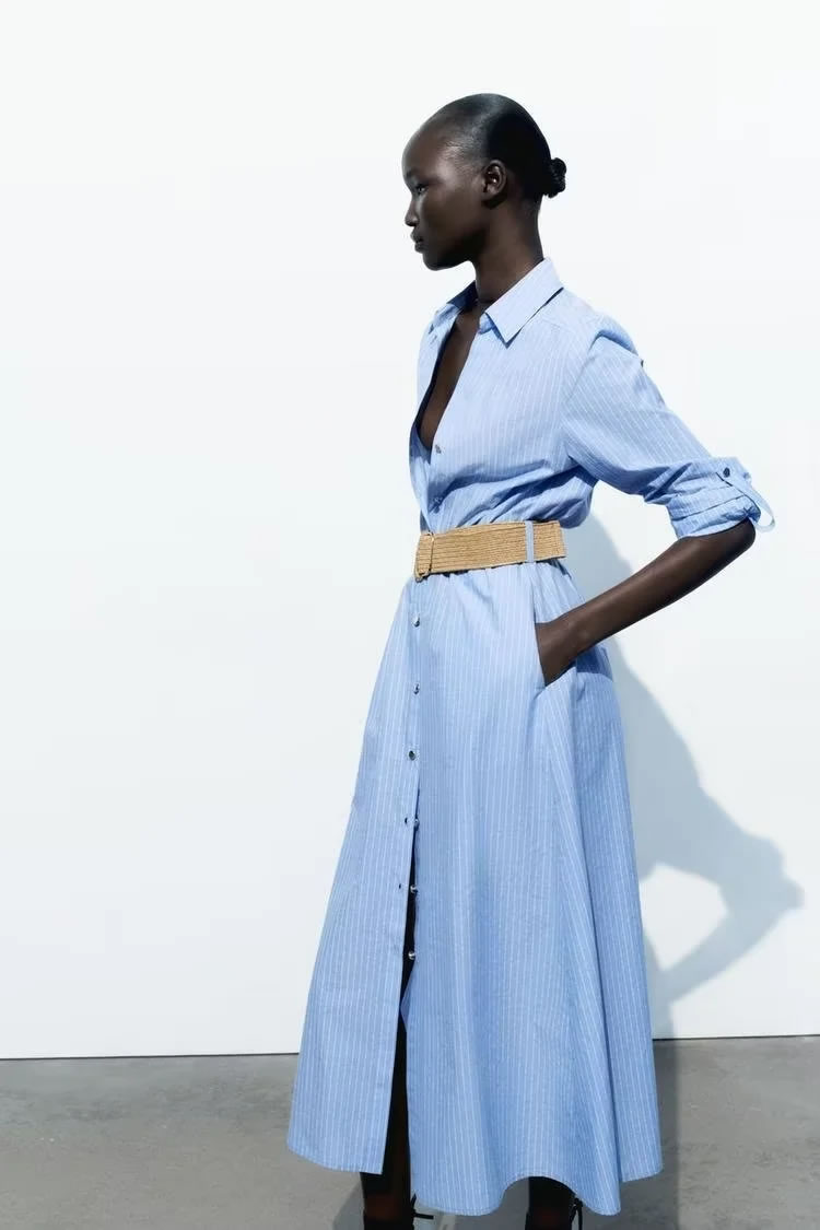 Fashion Blue Blended Lapel Buttoned Long Skirt,Long Dress