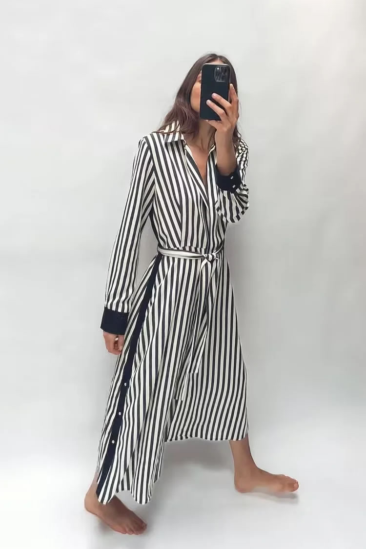 Fashion Stripe Blended Striped Lapel Lace-up Maxi Skirt,Long Dress