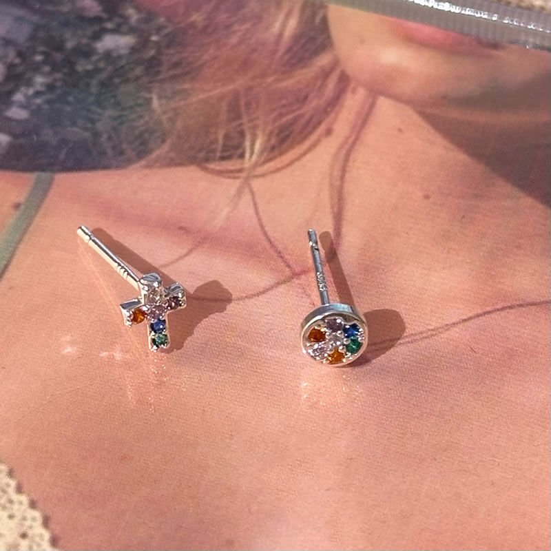 Fashion Irregular Pair Copper Diamond Cross Round Asymmetric Stud Earrings,Earrings