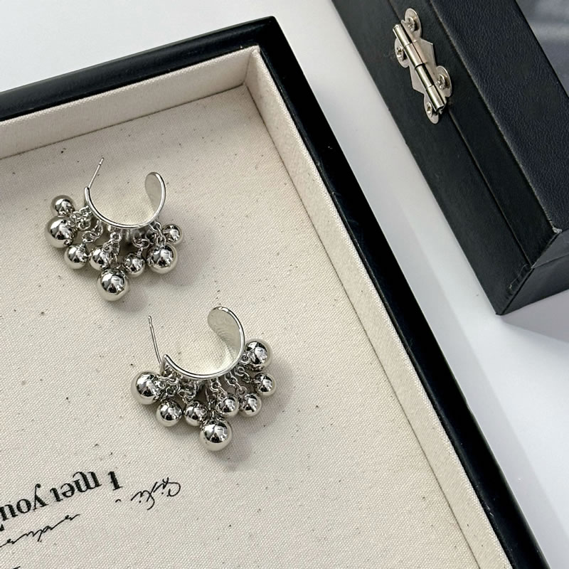 Fashion Silver Copper Geometric Beaded C-shaped Earrings,Earrings