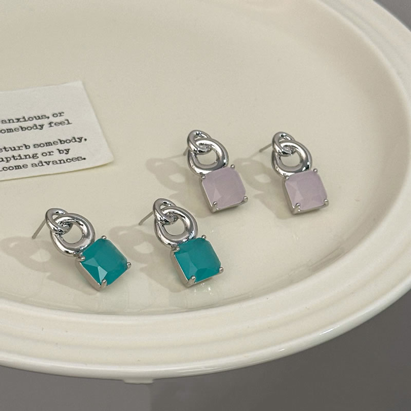 Fashion Light Blue Silver Diamond Square Stud Earrings,Earrings