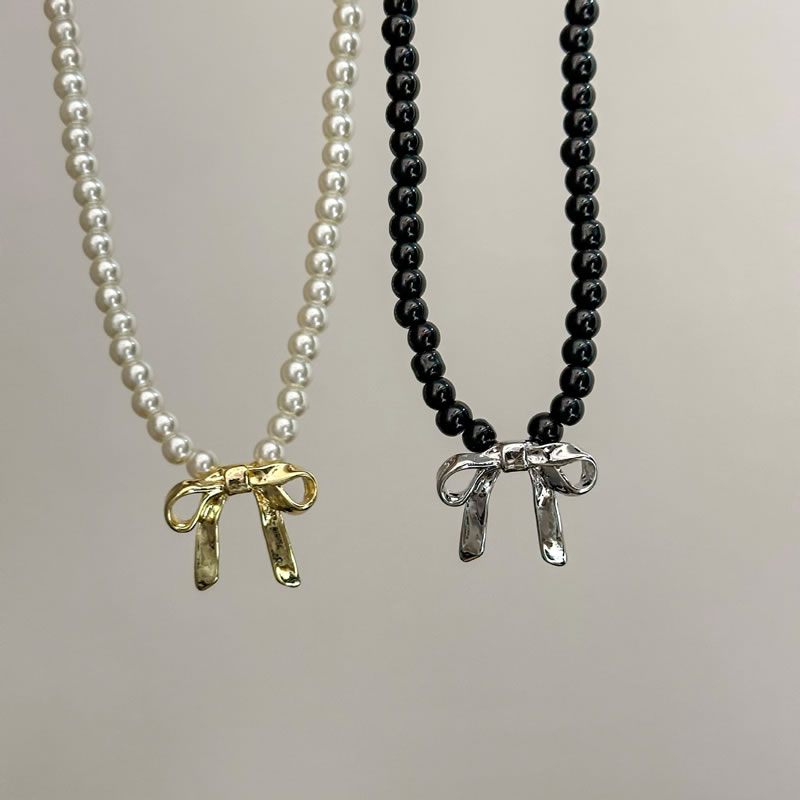 Fashion Black Metal Geometric Beaded Bow Necklace,Pendants