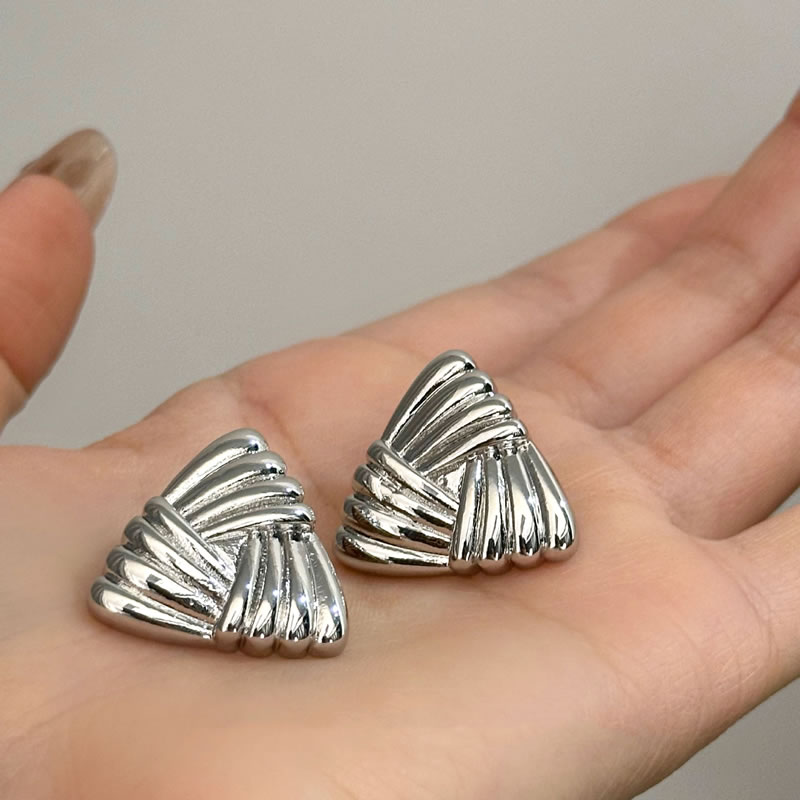 Fashion Silver Pleated Triangle Stud Earrings,Earrings