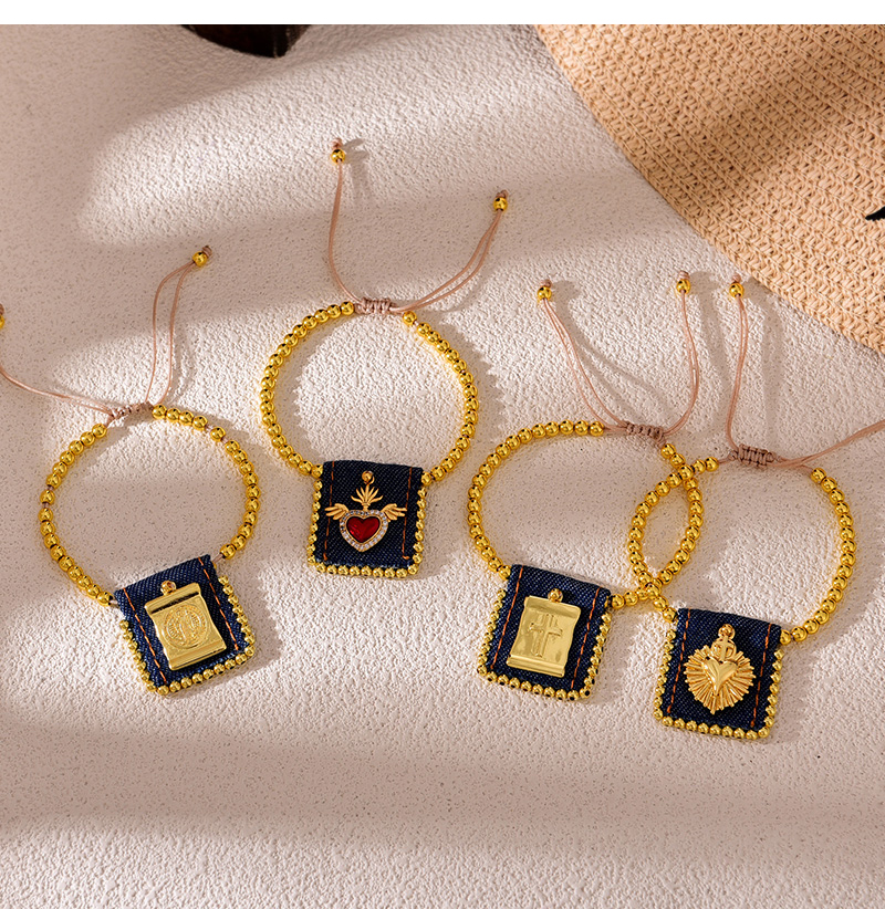 Fashion Golden 1 Copper Inlaid Zirconia Heart Square Denim Pendant Beaded Bracelet,Bracelets