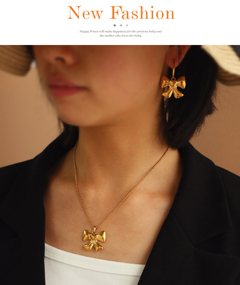 Fashion Golden 1 Titanium Steel Bow Pendant Bead Necklace,Necklaces