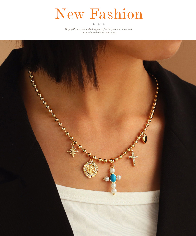 Fashion Gold Copper Inlaid Zirconia Portrait Pearl Cross Pendant Bead Necklace (4mm),Necklaces