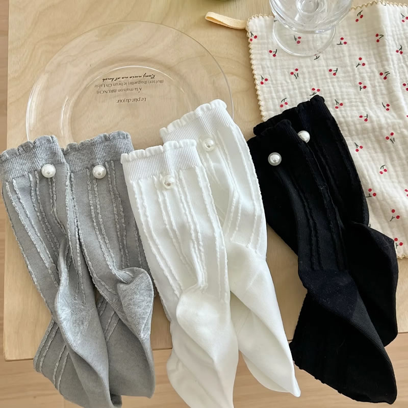 Fashion Grey Fungus Edge Knitted Hemp Mid-calf Socks,Calcetines Moda