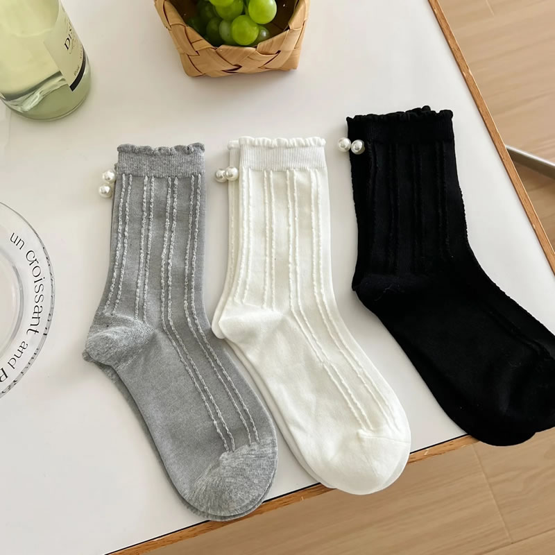 Fashion Grey Fungus Edge Knitted Hemp Mid-calf Socks,Calcetines Moda