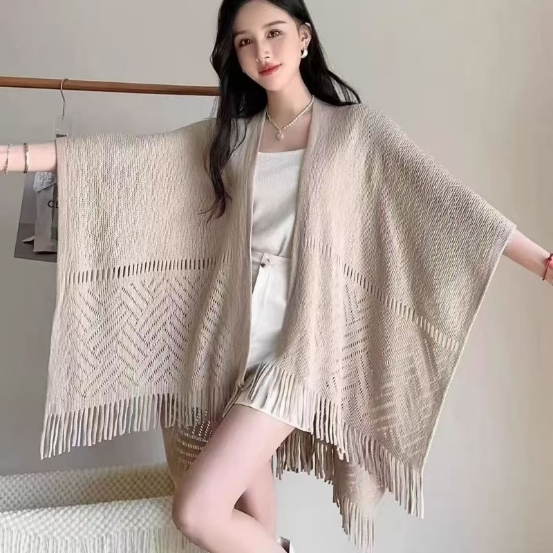 Fashion White Hollow Knitted Fringed Shawl,knitting Wool Scaves