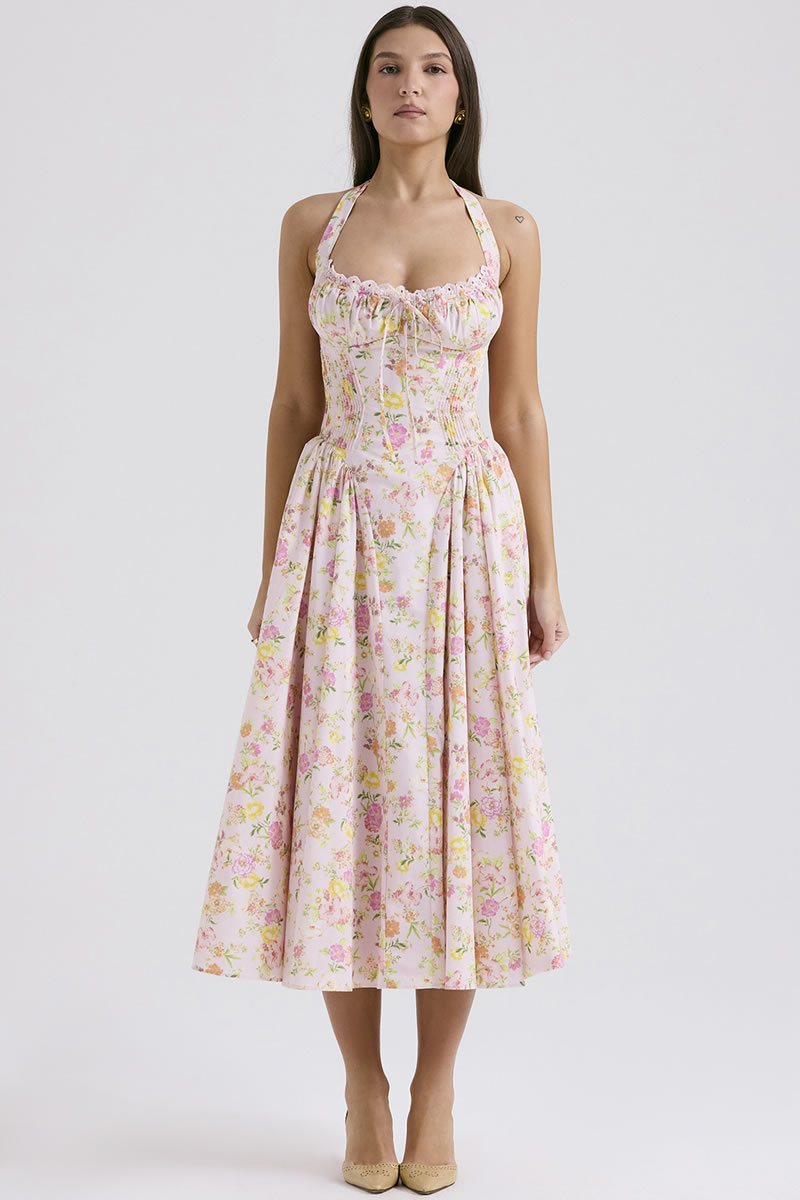Fashion Foundation Lace Cotton Printed Halterneck Waist Long Skirt,Long Dress