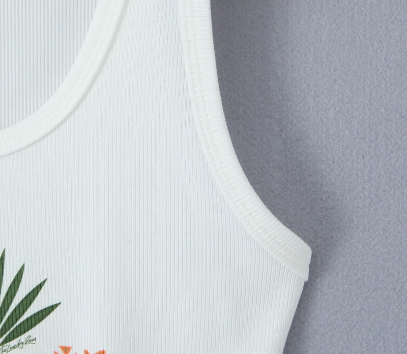 Fashion White Leaf Print U-neck Vest,Tank Tops & Camis