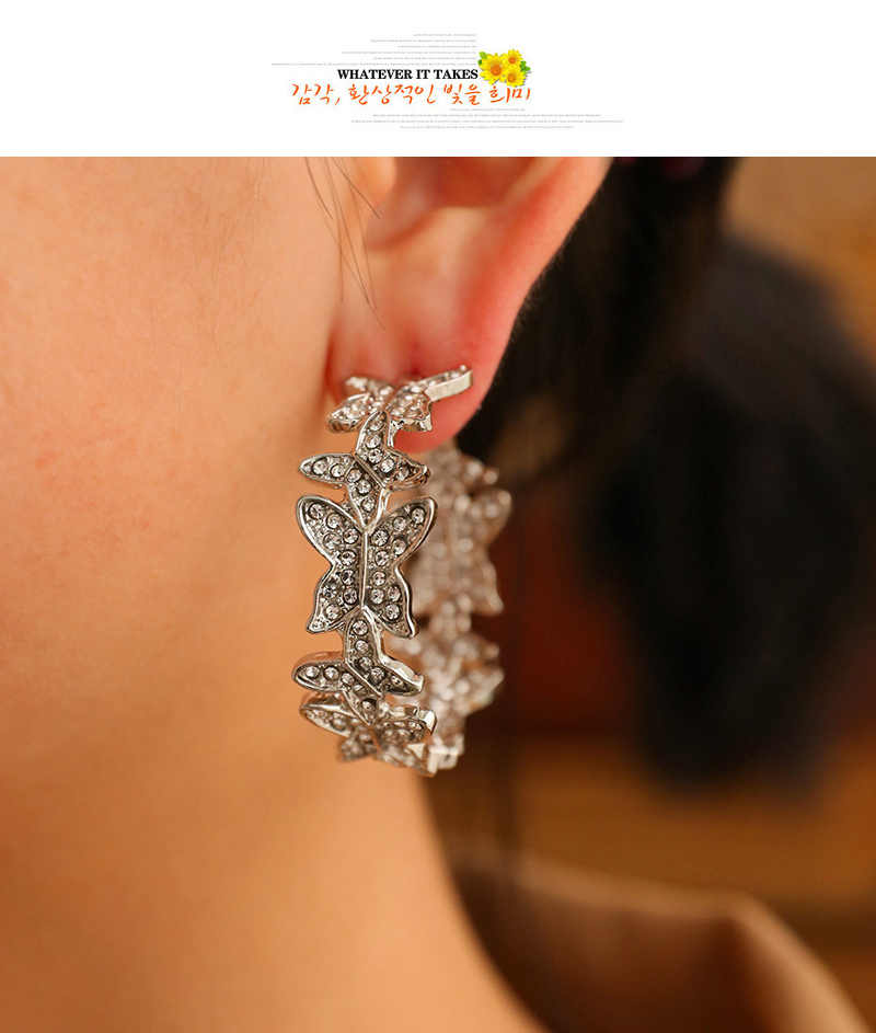Fashion Silver Alloy Diamond Butterfly C-shaped Earrings,Hoop Earrings