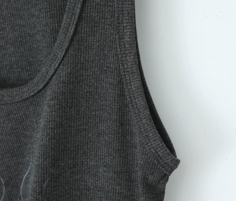 Fashion Carbon Black Cotton Printed U-neck Vest,Tank Tops & Camis