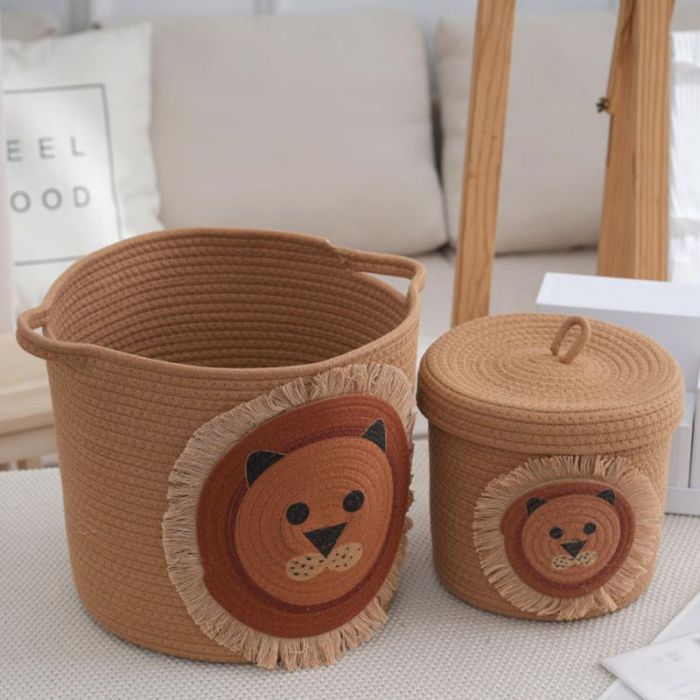 Fashion Brown Lion Cotton Rope Braided Large Capacity Storage Bag With Lid,Home storage