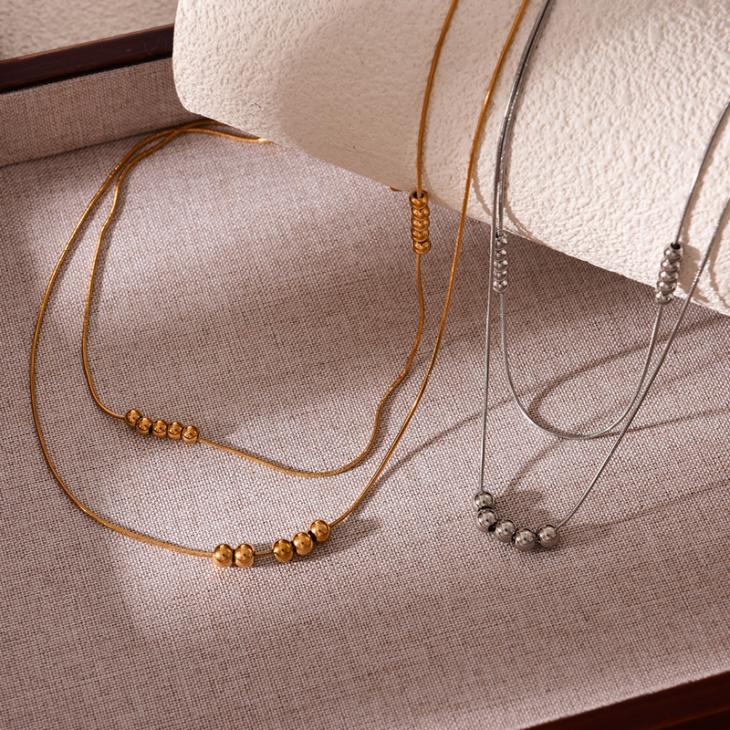 Fashion Silver Titanium Steel Double Chain Bead Necklace,Necklaces