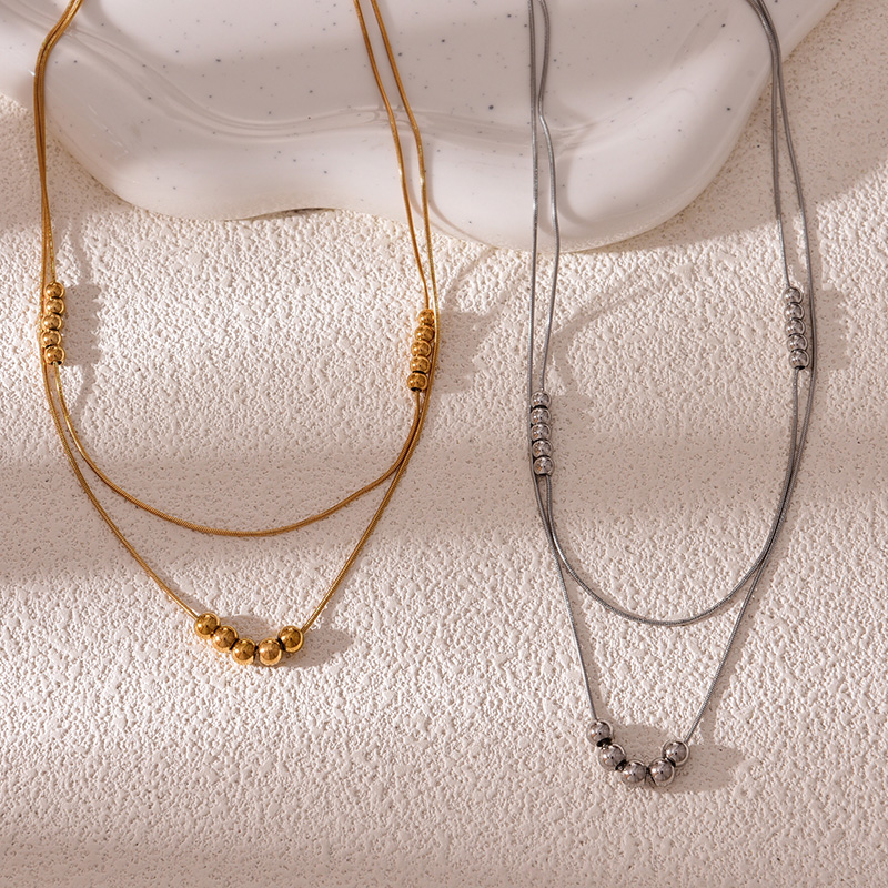 Fashion Gold Titanium Steel Double Chain Bead Necklace,Necklaces