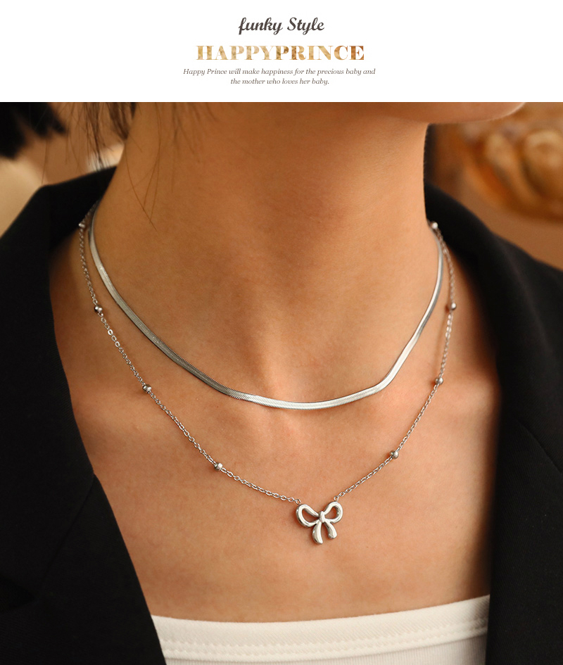 Fashion Gold Titanium Steel Double Layer Bow Pendant Snake Bone Chain Necklace,Necklaces