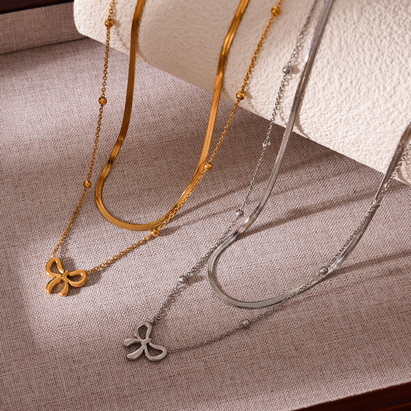 Fashion Gold Titanium Steel Double Layer Bow Pendant Snake Bone Chain Necklace,Necklaces